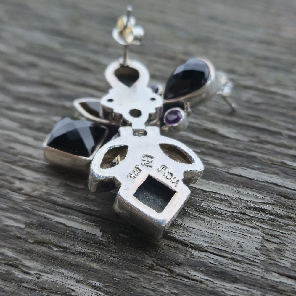Nicky Butler 925 Sterling Silver Designer Onyx Citrine Amethyst Quartz Earrings - Picture 7 of 13